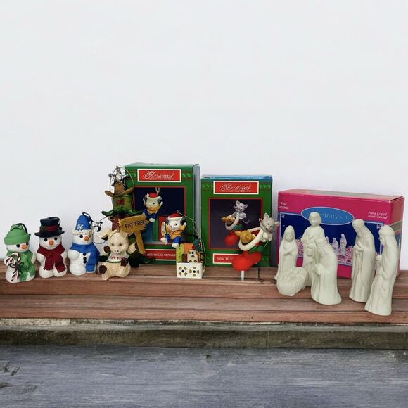 Christmas tree Ornament Lot Holiday Nativity Snowman Boots Pig Mouse Rat Vintage - Picture 1 of 16